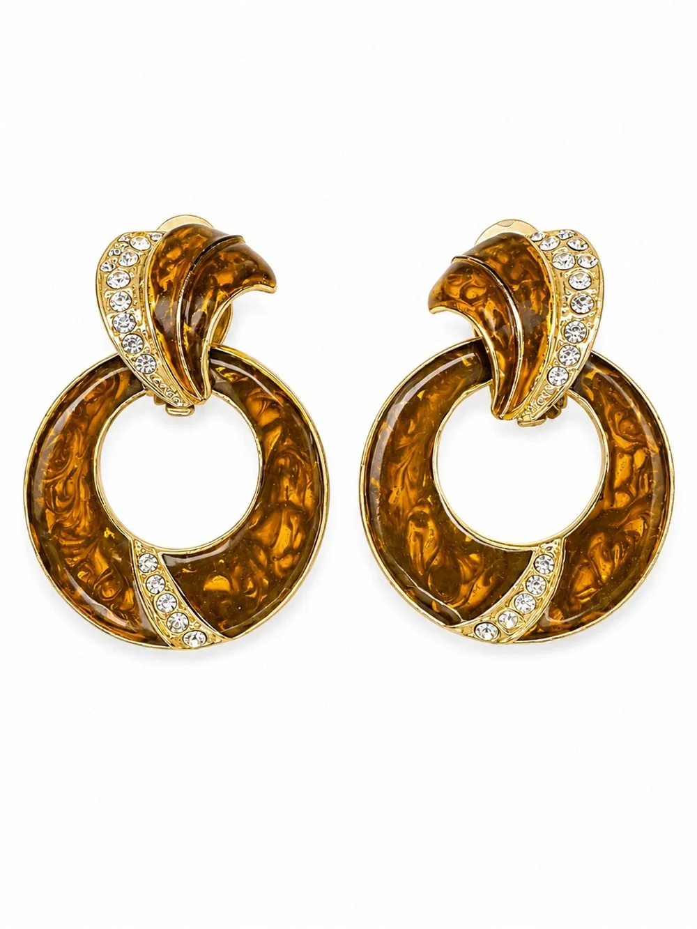 Vintage Tortoise Lucite Rhinestone Clip-On Earrings – Gold Tone Statement Hoops‎